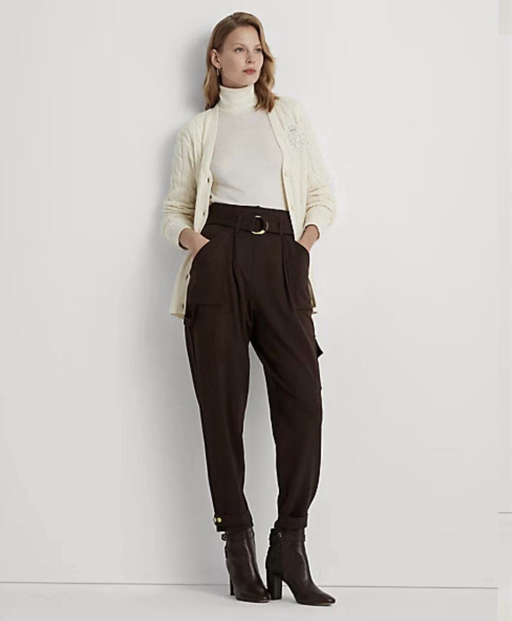 Lauren Ralph Lauren Brown Belted Ponte Cargo Pant Hammer Loop Size 4 Office